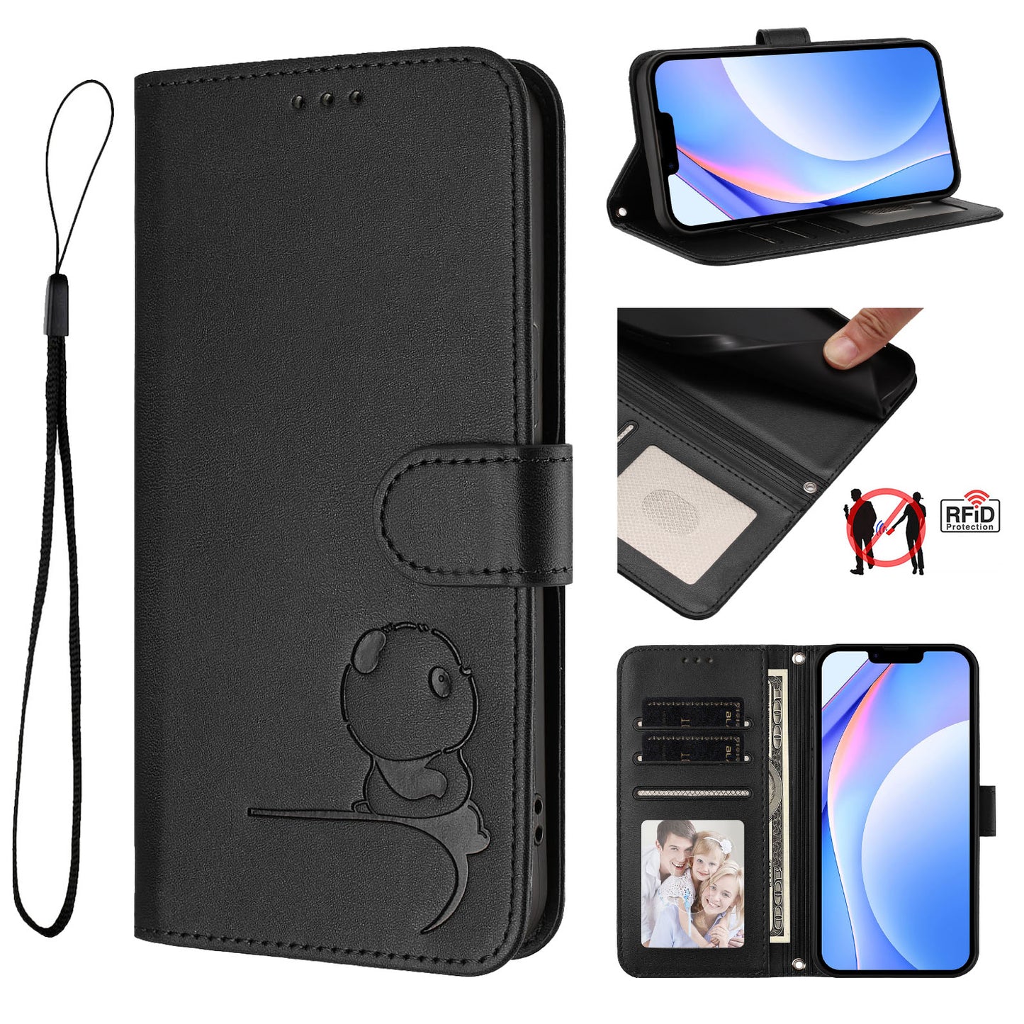 For iPhone 17e / 16e Case Panda Imprint RFID Blocking Wallet Leather Phone Cover with Wrist Strap