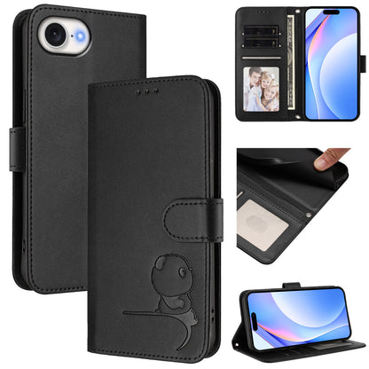 For iPhone 17e / 16e Case Panda Imprint RFID Blocking Wallet Leather Phone Cover with Wrist Strap