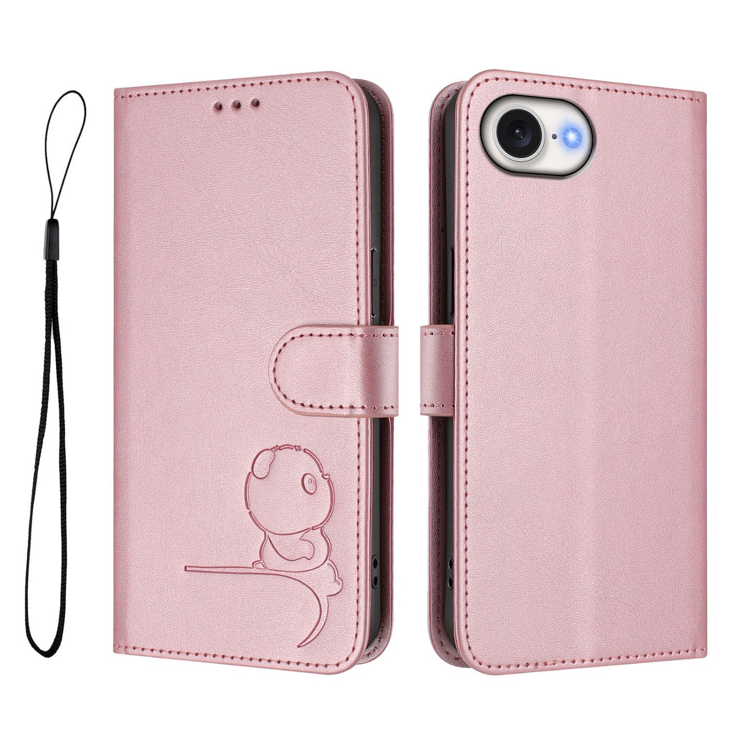 For iPhone 17e / 16e Case Panda Imprint RFID Blocking Wallet Leather Phone Cover with Wrist Strap