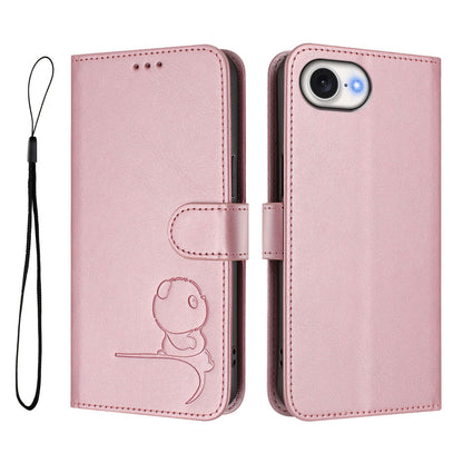 For iPhone 17e / 16e Case Panda Imprint RFID Blocking Wallet Leather Phone Cover with Wrist Strap