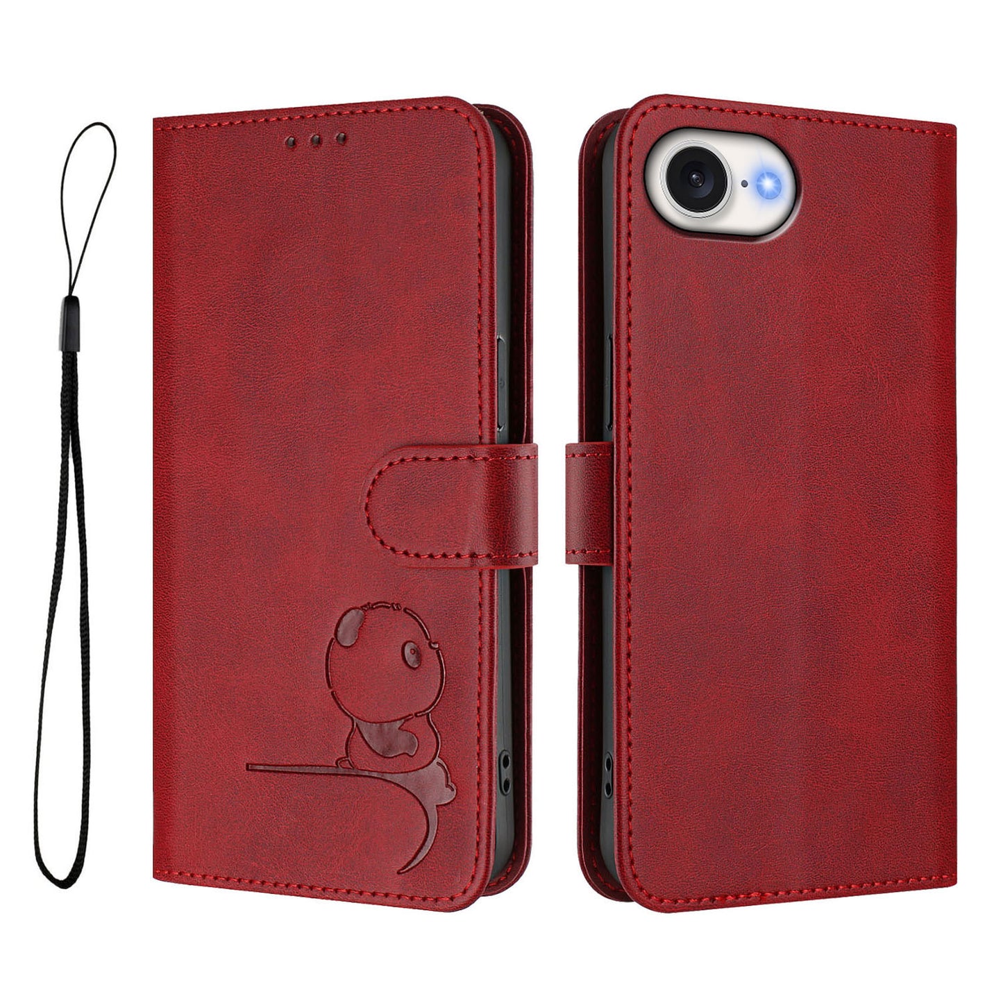 For iPhone 17e / 16e Case Panda Imprint RFID Blocking Wallet Leather Phone Cover with Wrist Strap