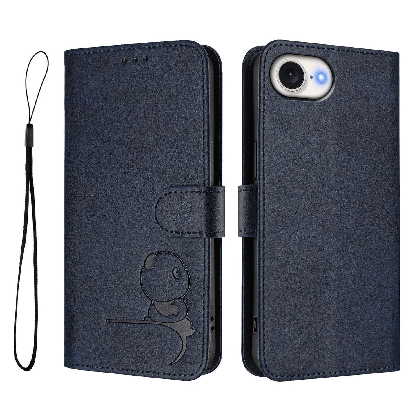 For iPhone 17e / 16e Case Panda Imprint RFID Blocking Wallet Leather Phone Cover with Wrist Strap