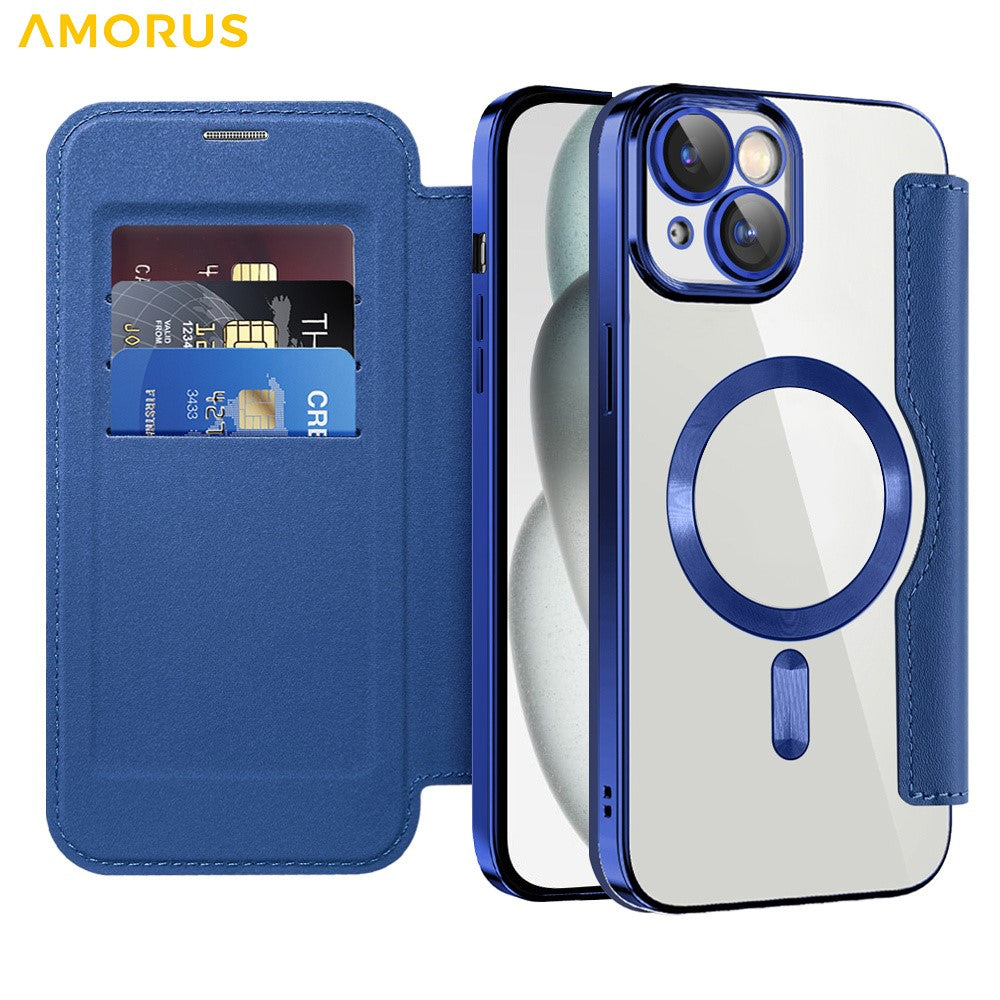 AMORUS For iPhone 14 Case Compatible with MagSafe RFID Blocking Card Holder Leather Phone Cover