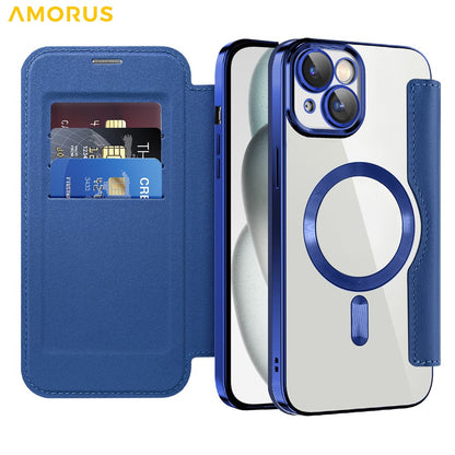 AMORUS For iPhone 14 Case Compatible with MagSafe RFID Blocking Card Holder Leather Phone Cover