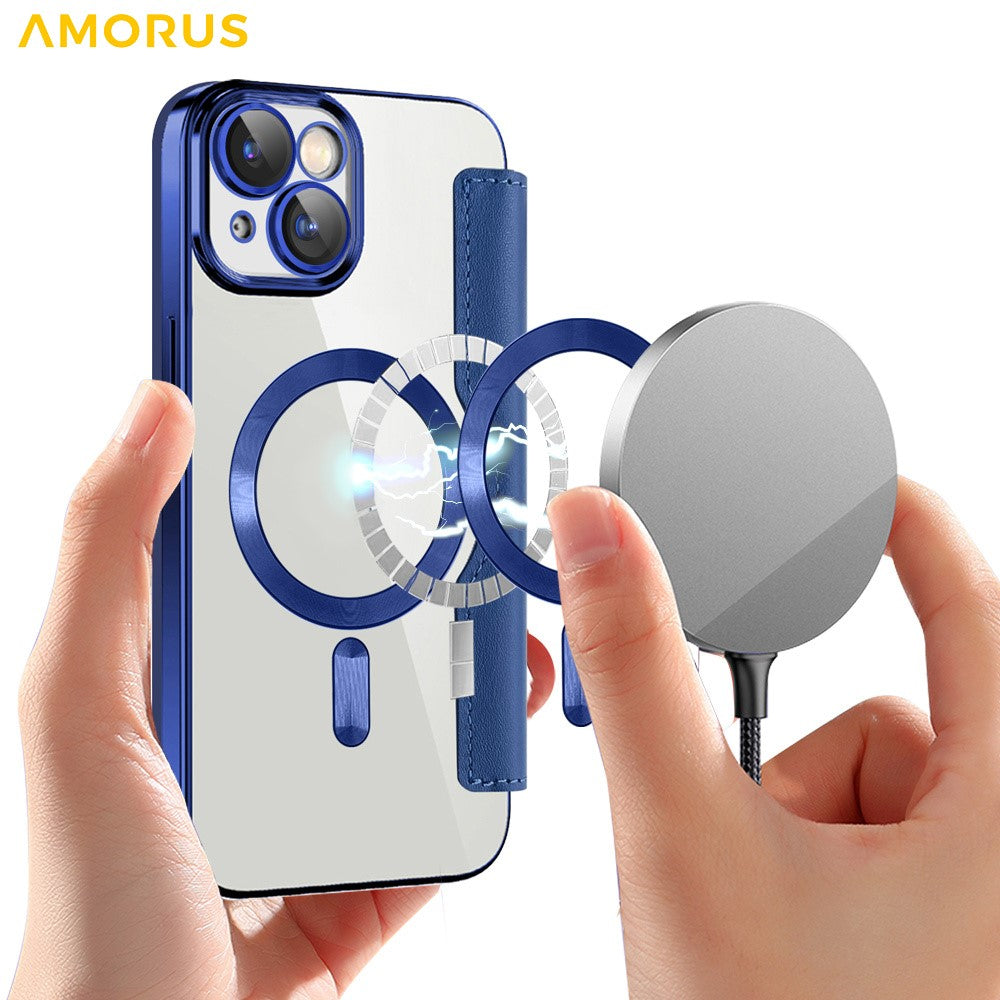 AMORUS For iPhone 14 Case Compatible with MagSafe RFID Blocking Card Holder Leather Phone Cover