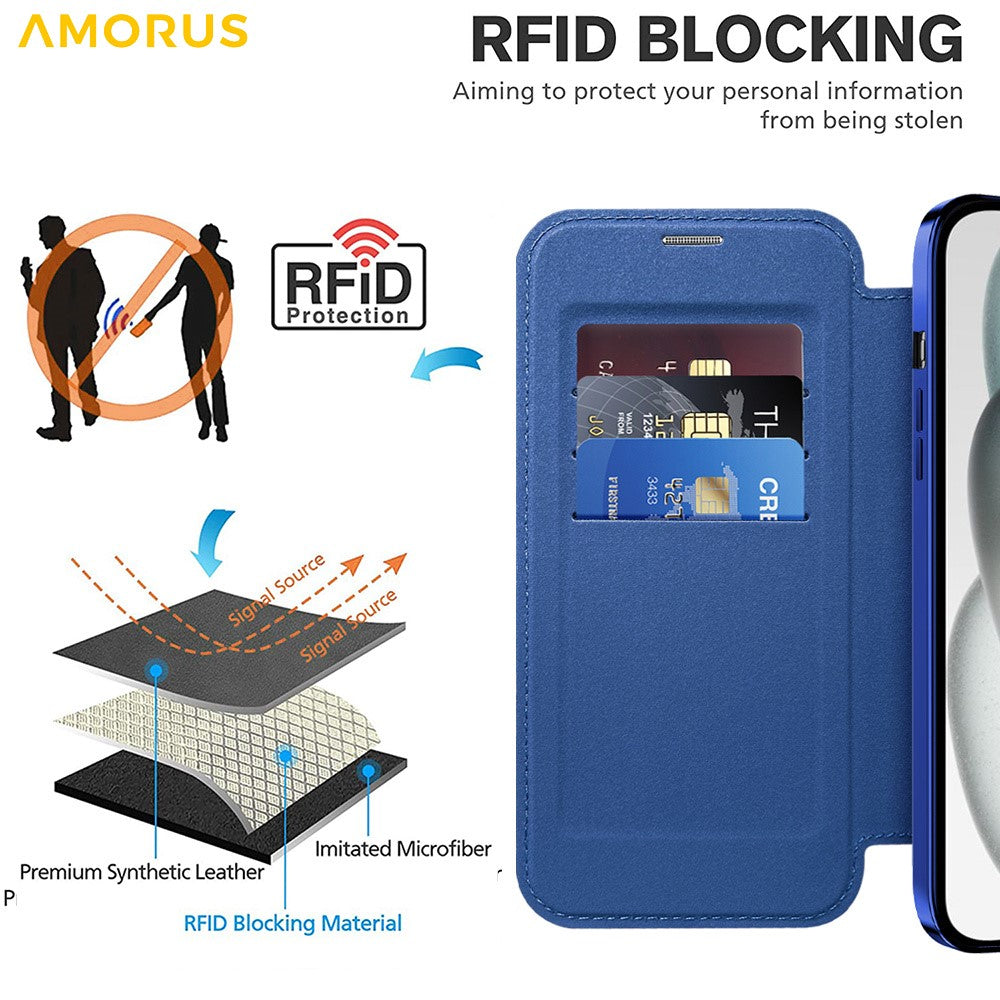 AMORUS For iPhone 14 Case Compatible with MagSafe RFID Blocking Card Holder Leather Phone Cover