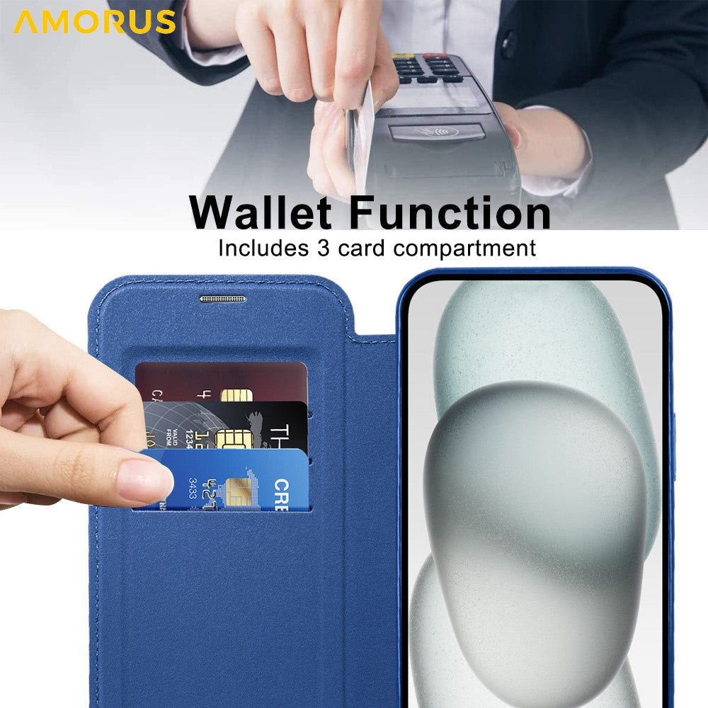 AMORUS For iPhone 14 Case Compatible with MagSafe RFID Blocking Card Holder Leather Phone Cover