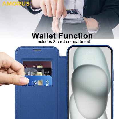 AMORUS For iPhone 14 Case Compatible with MagSafe RFID Blocking Card Holder Leather Phone Cover