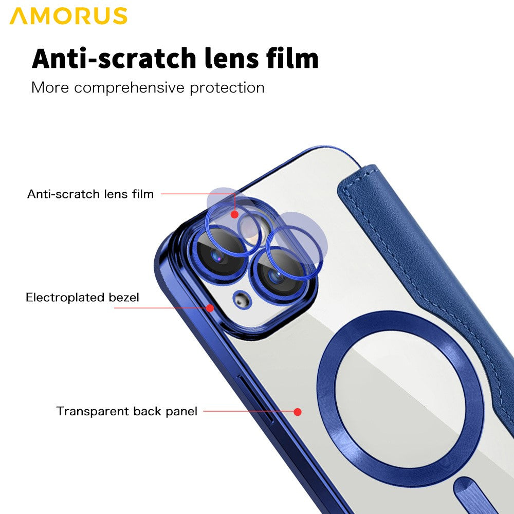 AMORUS For iPhone 14 Case Compatible with MagSafe RFID Blocking Card Holder Leather Phone Cover
