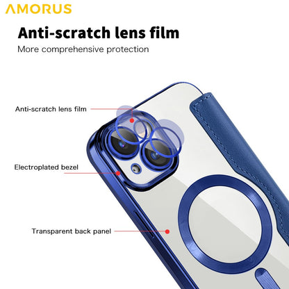 AMORUS For iPhone 14 Case Compatible with MagSafe RFID Blocking Card Holder Leather Phone Cover