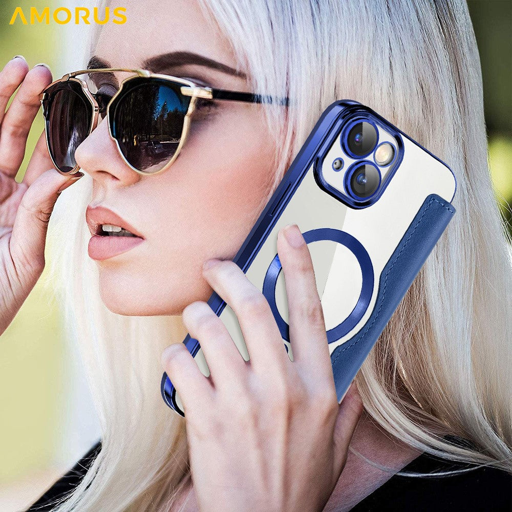AMORUS For iPhone 14 Case Compatible with MagSafe RFID Blocking Card Holder Leather Phone Cover
