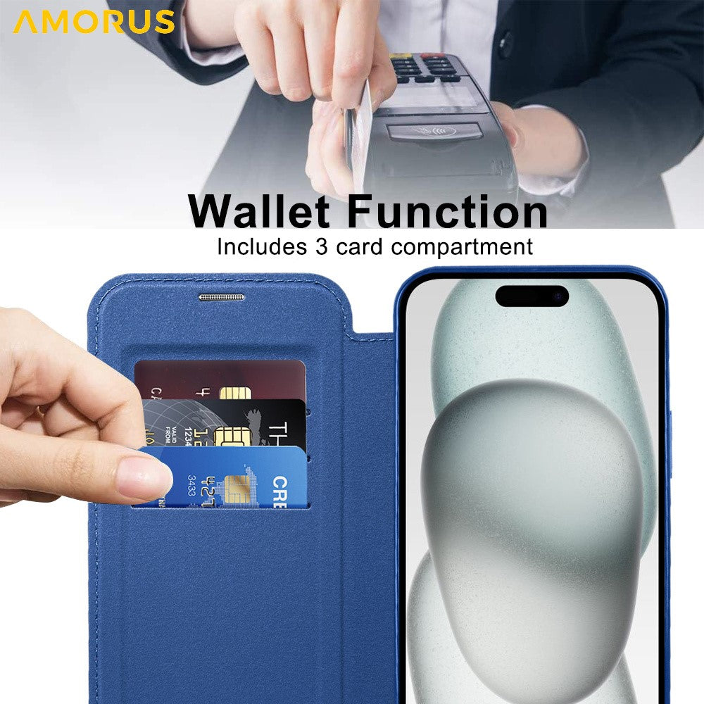 AMORUS For iPhone 15 Case Compatible with MagSafe RFID Blocking Card Holder Leather Phone Cover