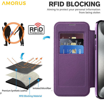 AMORUS For iPhone 15 Pro Case Compatible with MagSafe RFID Blocking Card Holder Leather Phone Cover