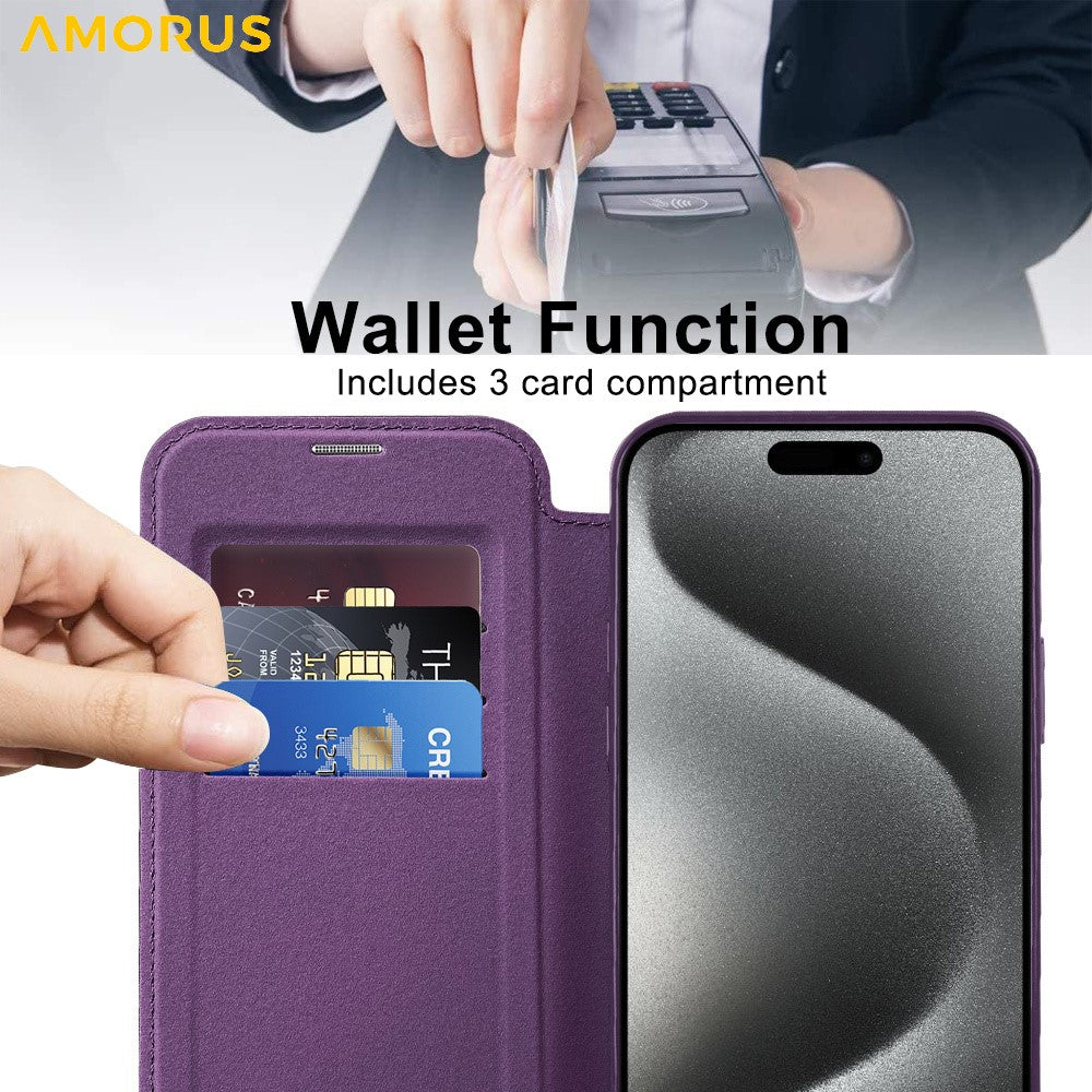 AMORUS For iPhone 15 Pro Case Compatible with MagSafe RFID Blocking Card Holder Leather Phone Cover