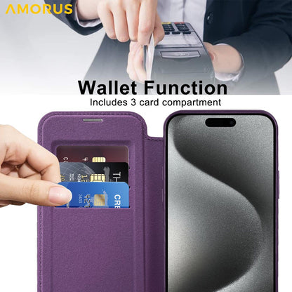 AMORUS For iPhone 15 Pro Case Compatible with MagSafe RFID Blocking Card Holder Leather Phone Cover