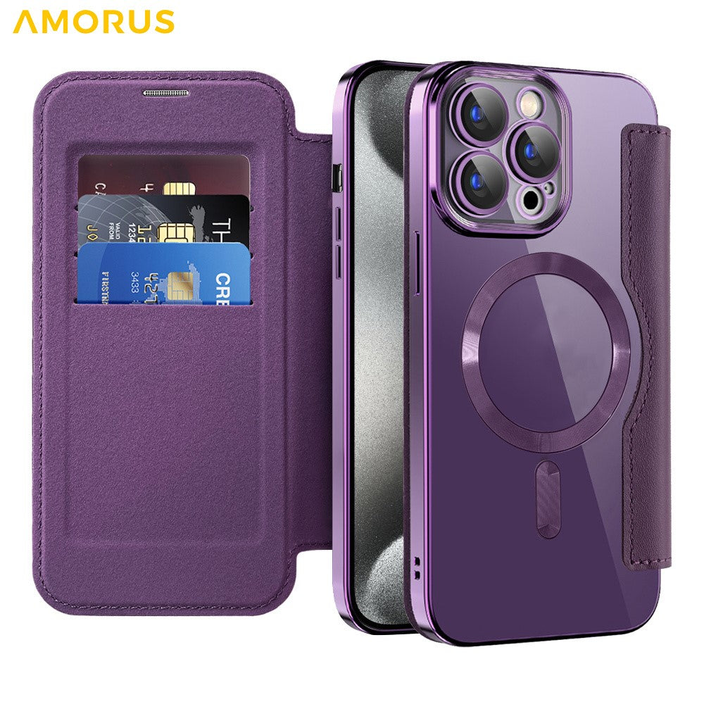 AMORUS For iPhone 15 Pro Max Case Compatible with MagSafe RFID Blocking Card Holder Leather Phone Cover