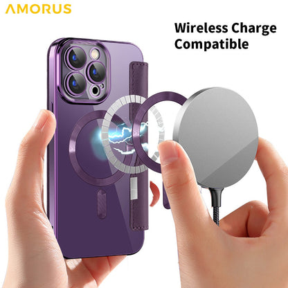 AMORUS For iPhone 15 Pro Max Case Compatible with MagSafe RFID Blocking Card Holder Leather Phone Cover