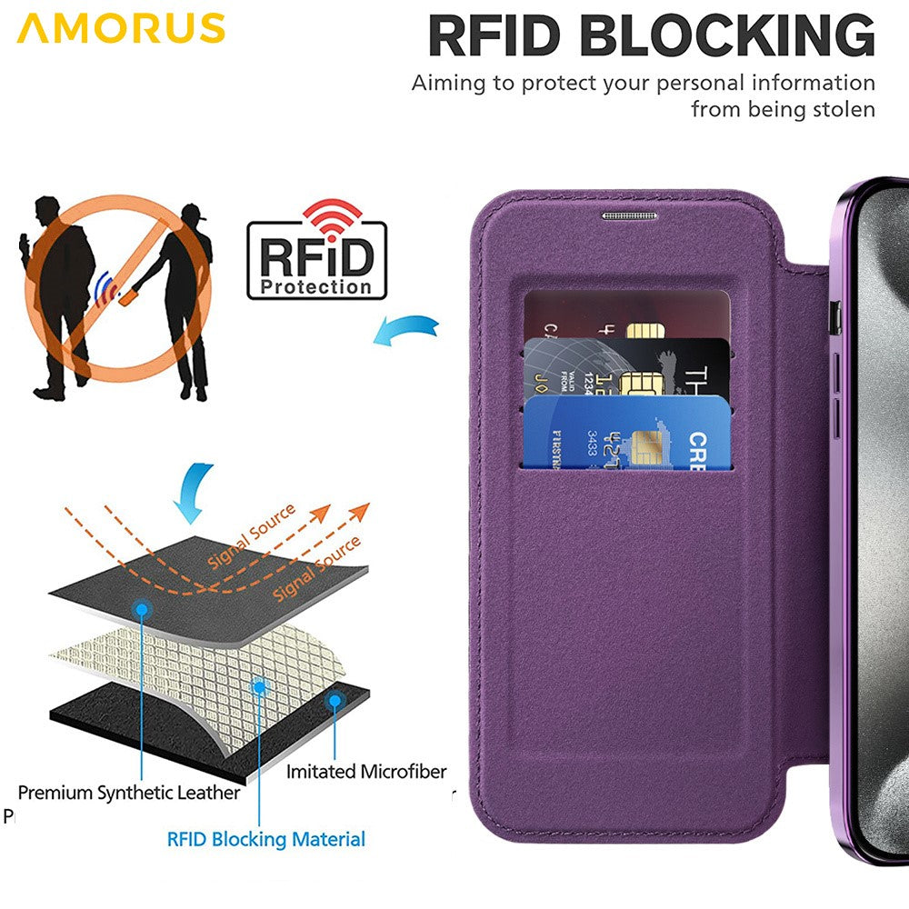 AMORUS For iPhone 15 Pro Max Case Compatible with MagSafe RFID Blocking Card Holder Leather Phone Cover