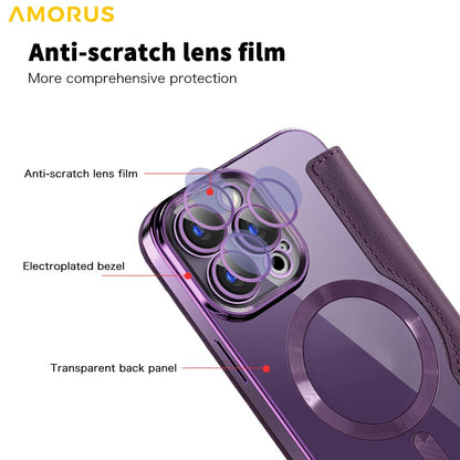 AMORUS For iPhone 15 Pro Max Case Compatible with MagSafe RFID Blocking Card Holder Leather Phone Cover