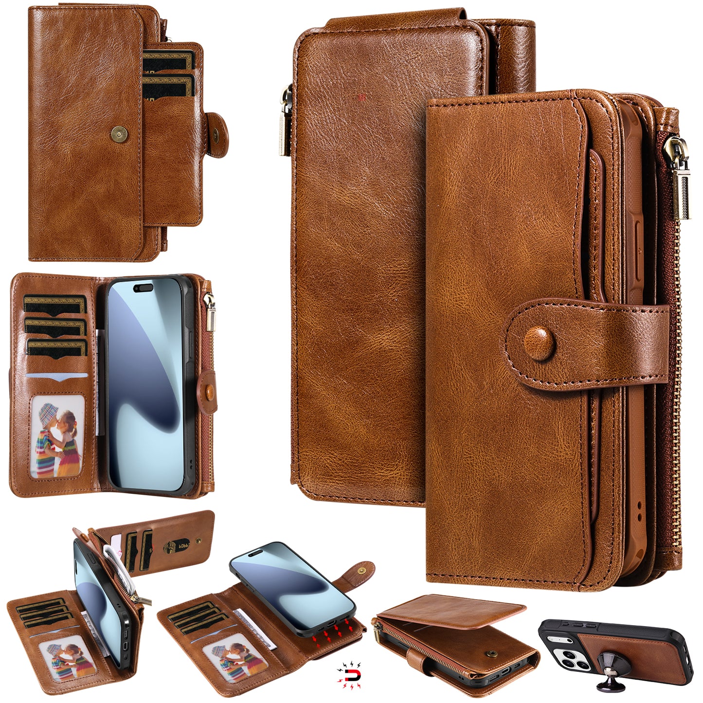 For iPhone 17 Pro Max Phone Case PU Leather Zipper Wallet Detachable Cover