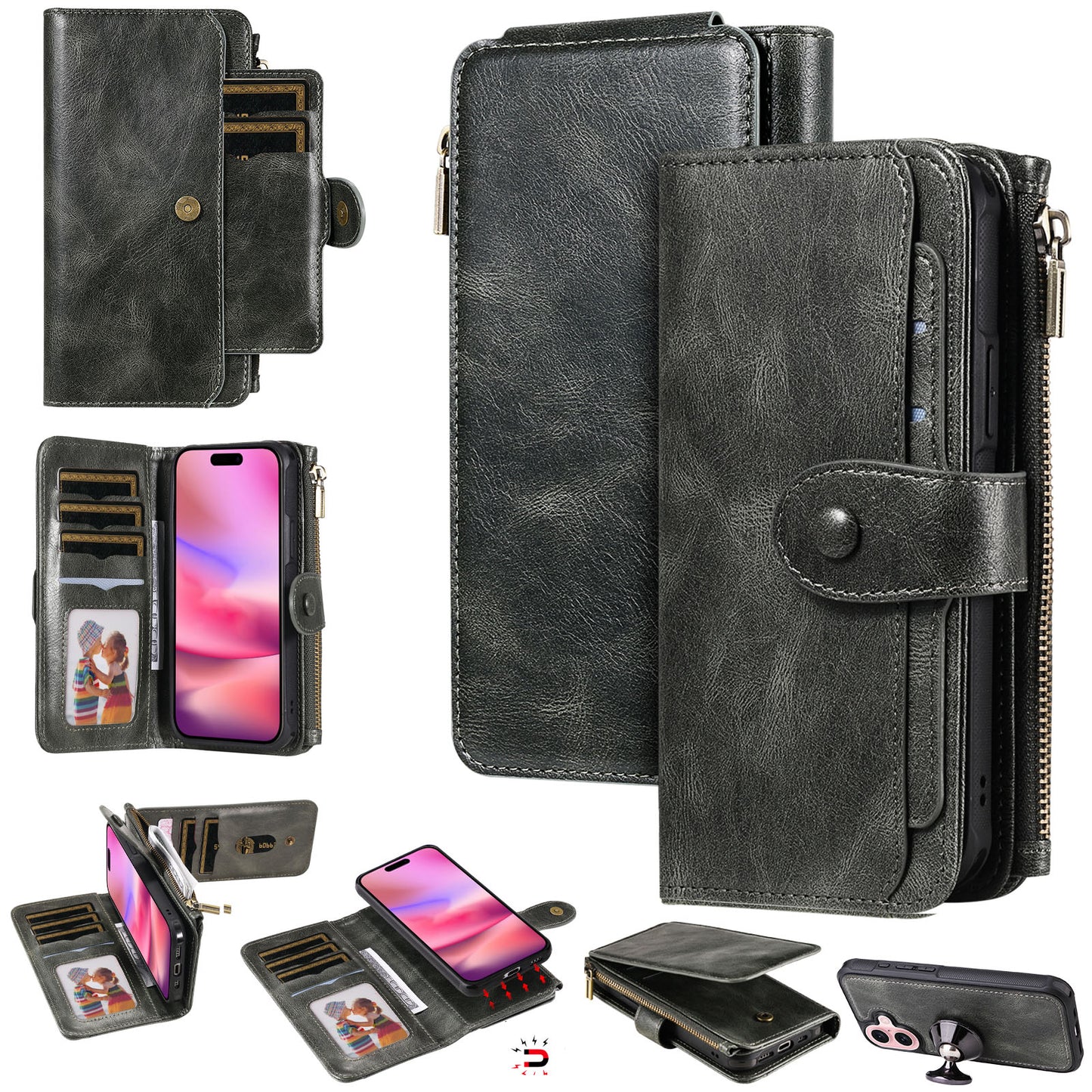 For iPhone 17 Phone Case PU Leather Zipper Wallet Detachable Cover