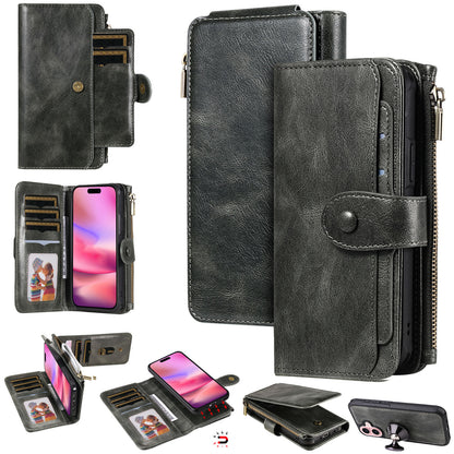For iPhone 17 Phone Case PU Leather Zipper Wallet Detachable Cover