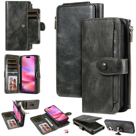 For iPhone 17 Phone Case PU Leather Zipper Wallet Detachable Cover