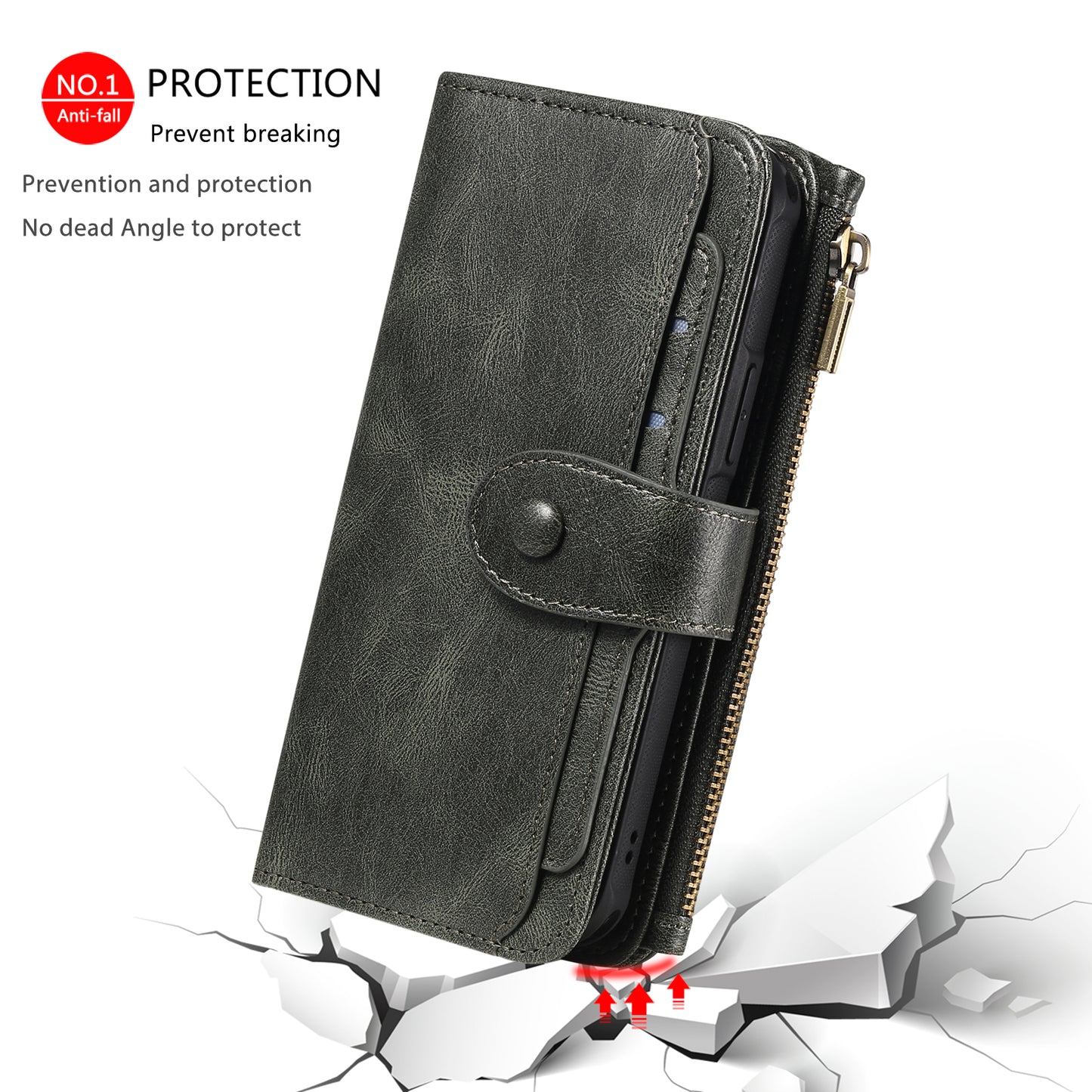 For iPhone 17 Phone Case PU Leather Zipper Wallet Detachable Cover