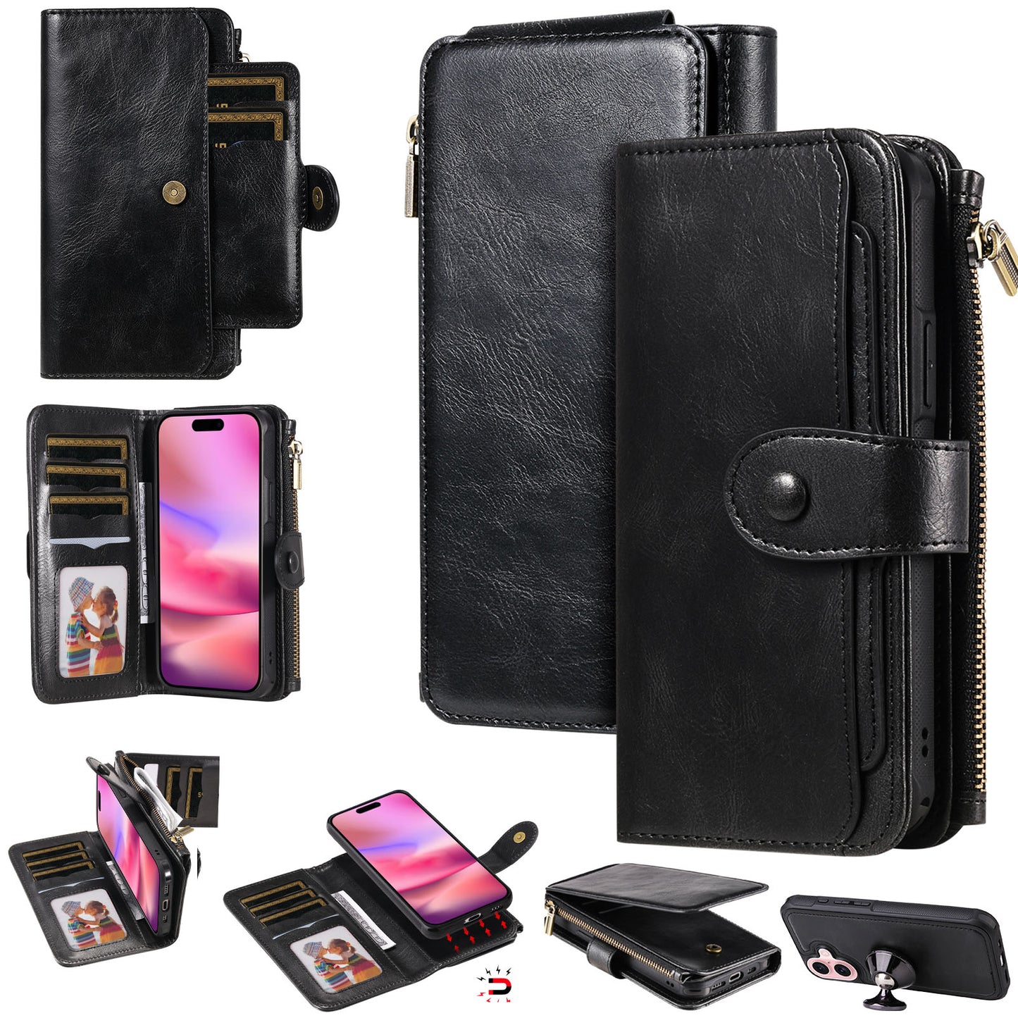 For iPhone 17 Phone Case PU Leather Zipper Wallet Detachable Cover
