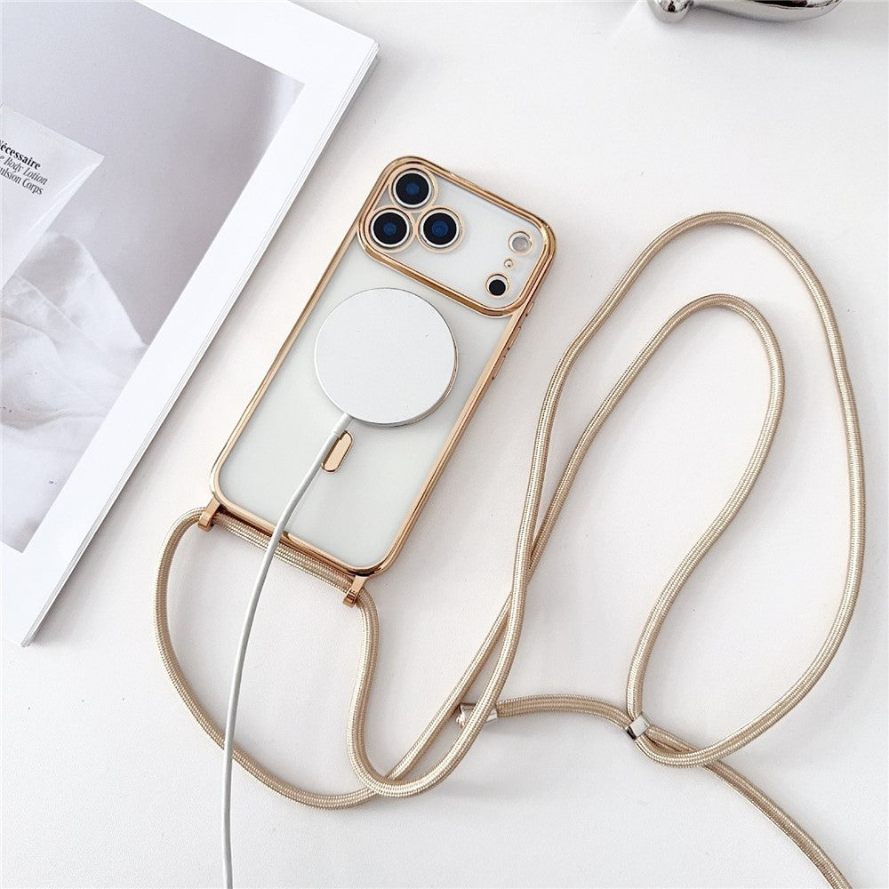 For iPhone 17 Pro Case Compatible with MagSafe Electroplating TPU Phone Cover with Long Lanyard