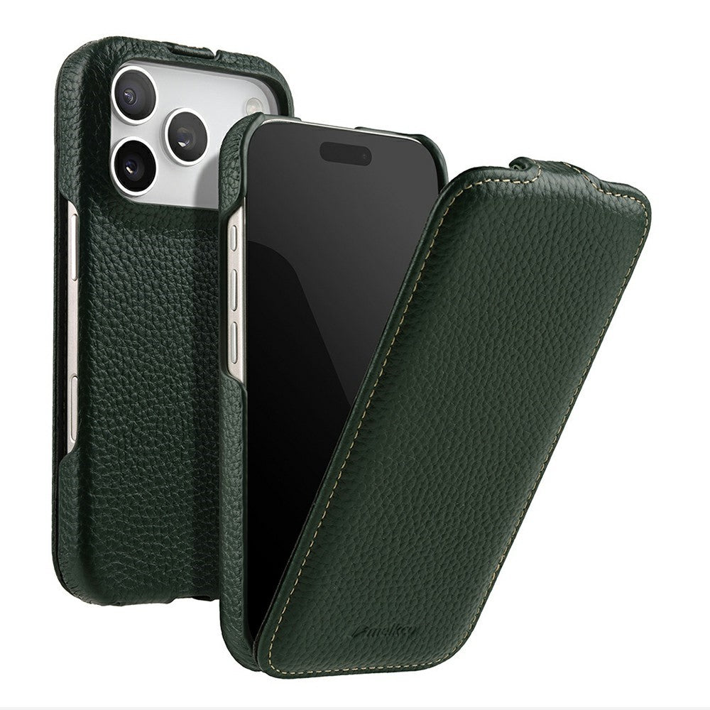MELKCO For iPhone 17 Pro Max Case Compatible with MagSafe Vertical Flip Genuine Cow Leather + PC Phone Cover