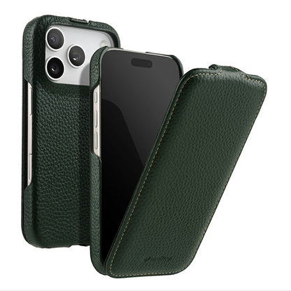 MELKCO For iPhone 17 Pro Max Case Compatible with MagSafe Vertical Flip Genuine Cow Leather + PC Phone Cover
