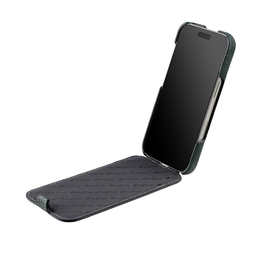 MELKCO For iPhone 17 Pro Max Case Compatible with MagSafe Vertical Flip Genuine Cow Leather + PC Phone Cover