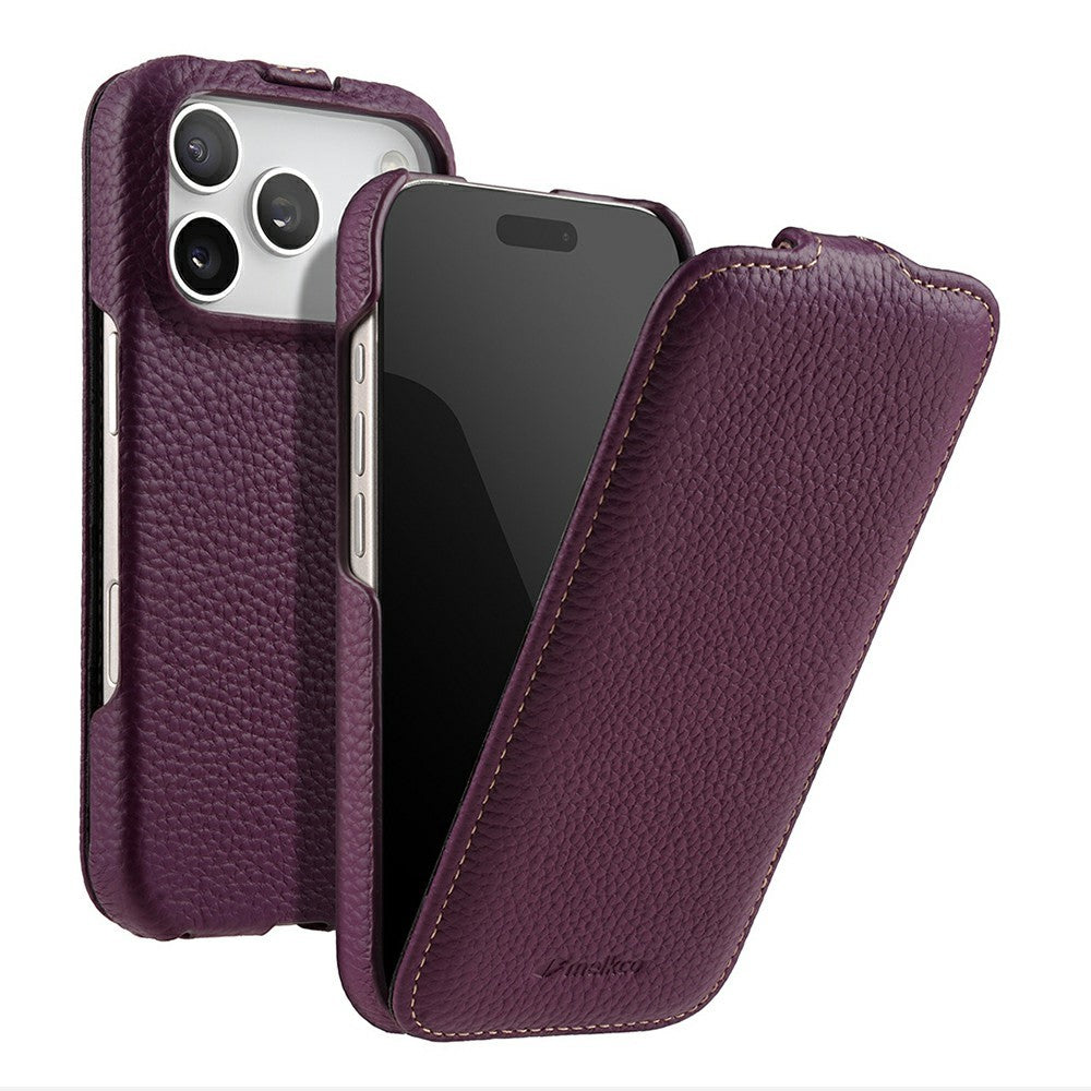 MELKCO For iPhone 17 Pro Max Case Compatible with MagSafe Vertical Flip Genuine Cow Leather + PC Phone Cover