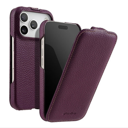 MELKCO For iPhone 17 Pro Max Case Compatible with MagSafe Vertical Flip Genuine Cow Leather + PC Phone Cover