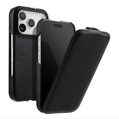MELKCO For iPhone 17 Pro Max Case Compatible with MagSafe Vertical Flip Genuine Cow Leather + PC Phone Cover