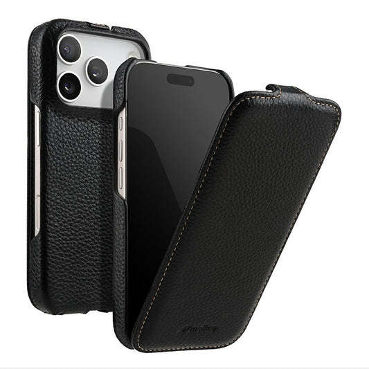 MELKCO For iPhone 17 Pro Max Case Compatible with MagSafe Vertical Flip Genuine Cow Leather + PC Phone Cover