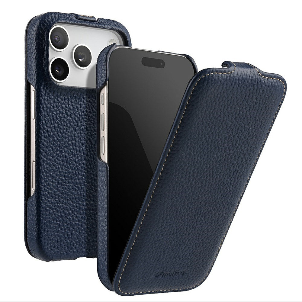 MELKCO For iPhone 17 Pro Max Case Compatible with MagSafe Vertical Flip Genuine Cow Leather + PC Phone Cover