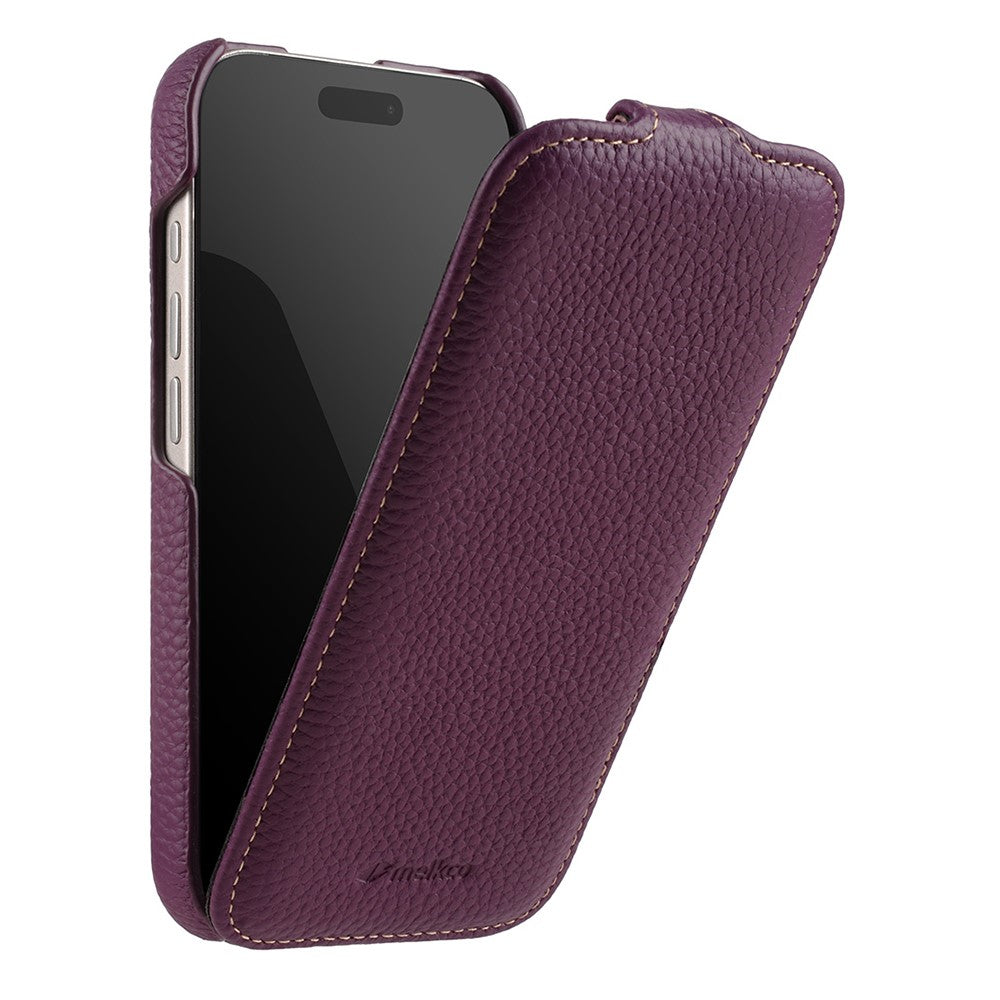 MELKCO For iPhone 17 Pro Case Compatible with MagSafe Vertical Flip Genuine Cow Leather + PC Phone Cover