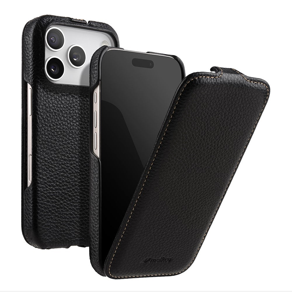 MELKCO For iPhone 17 Pro Case Compatible with MagSafe Vertical Flip Genuine Cow Leather + PC Phone Cover