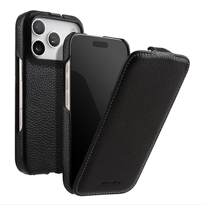 MELKCO For iPhone 17 Pro Case Compatible with MagSafe Vertical Flip Genuine Cow Leather + PC Phone Cover