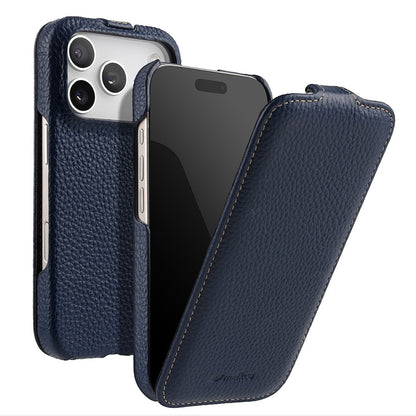MELKCO For iPhone 17 Pro Case Compatible with MagSafe Vertical Flip Genuine Cow Leather + PC Phone Cover