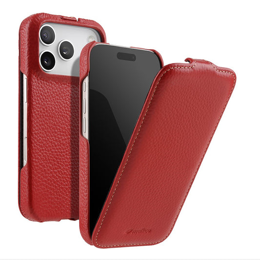 MELKCO For iPhone 17 Pro Case Compatible with MagSafe Vertical Flip Genuine Cow Leather + PC Phone Cover