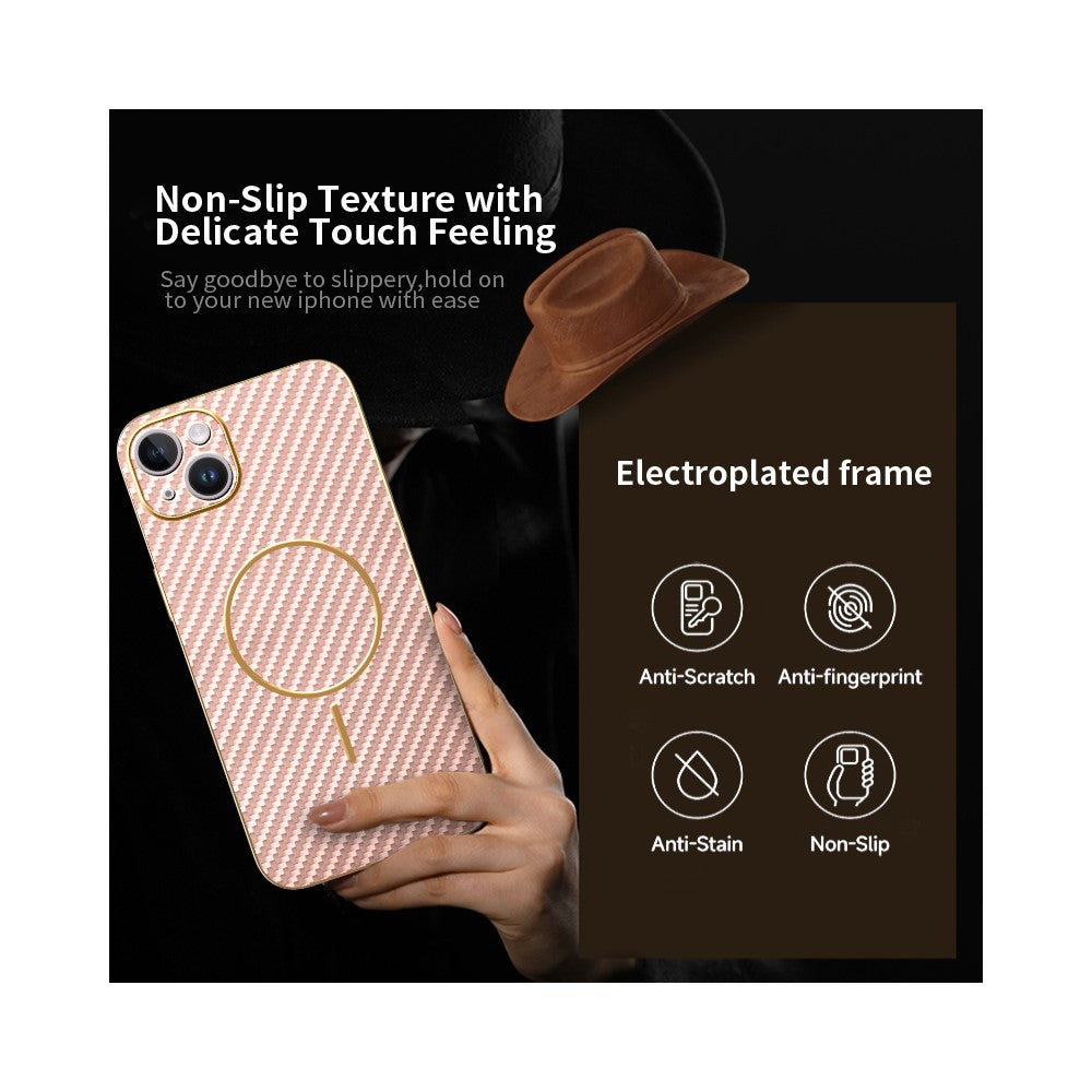 For iPhone 14 Plus Phone Case Carbon Fiber Textured Electroplated TPU Back Cover