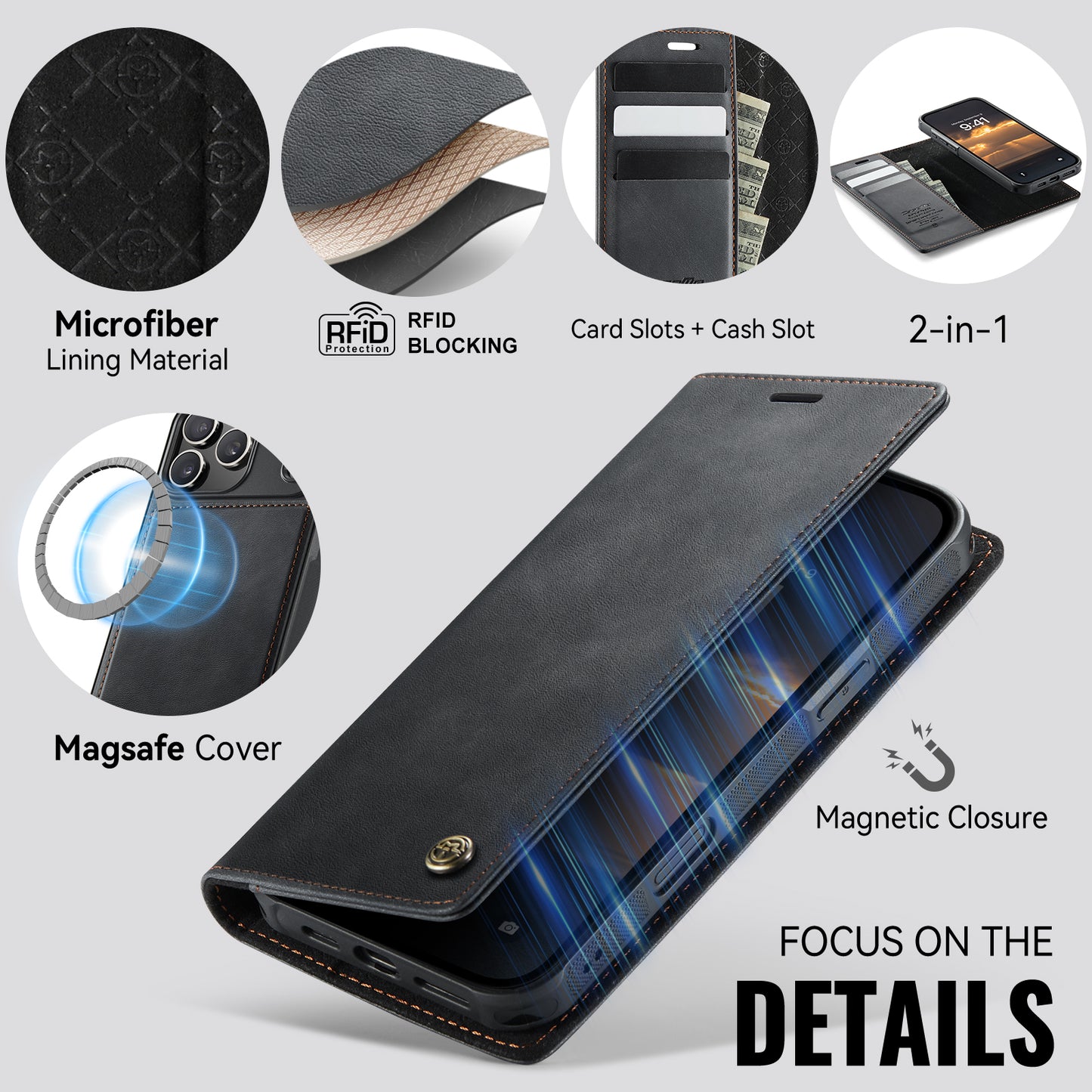 CASEME For iPhone 17 Pro Case  C49 Compatible with MagSafe RFID Blocking Detachable Wallet Leather Phone Cover