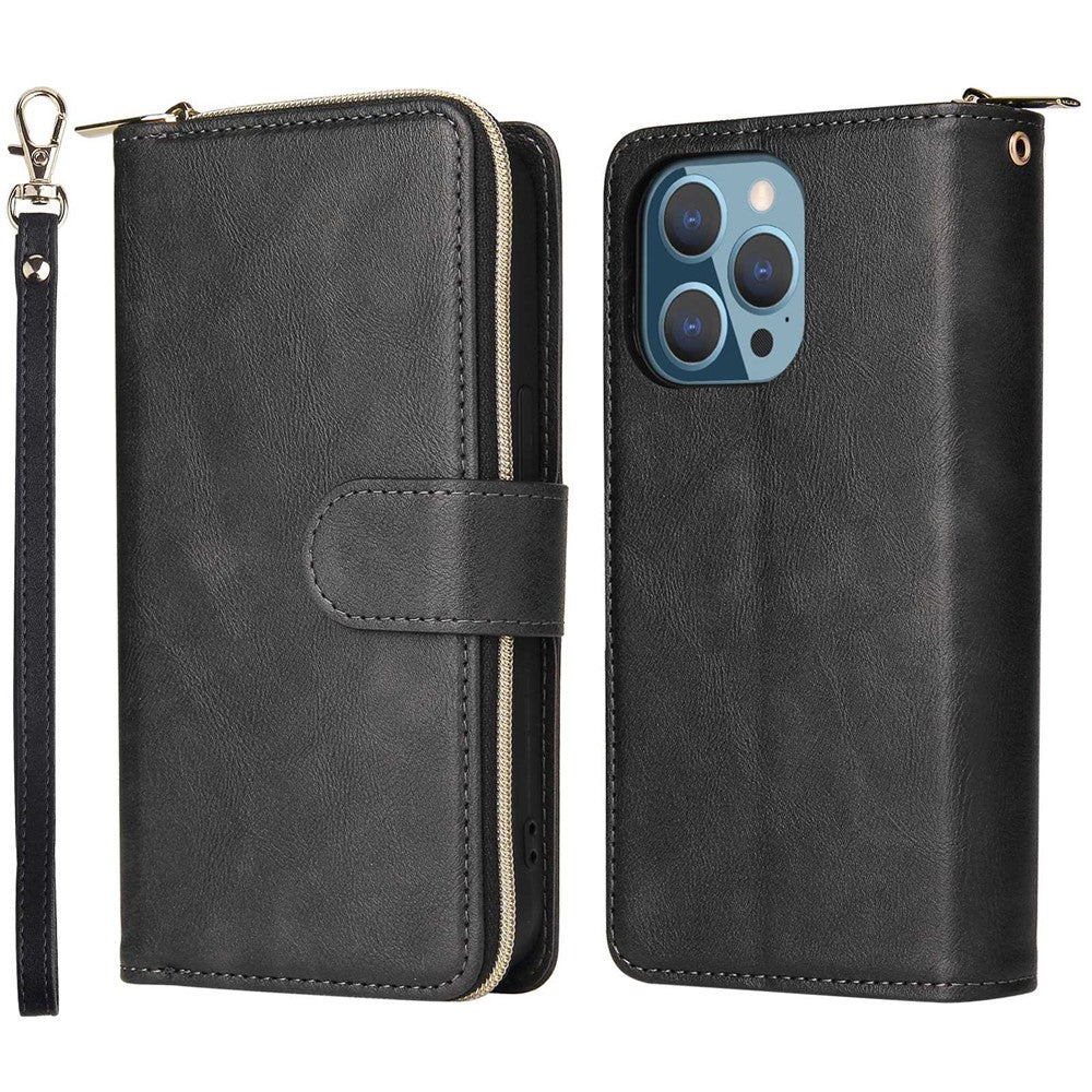 For iPhone 14 Pro Max PU Leather Wallet Phone Case 9 Card Holder Slots Magnetic Closure Zipper Pocket Stand Flip Cover with Strap
