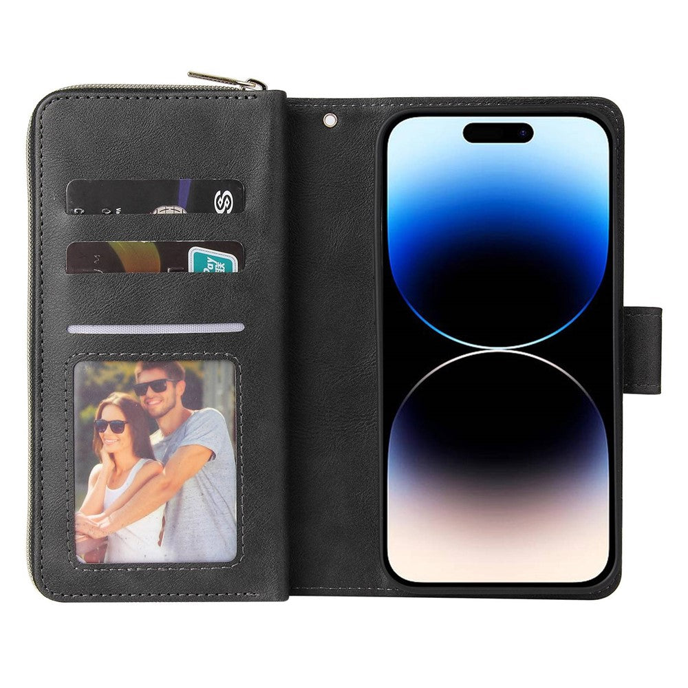 For iPhone 14 Pro Max PU Leather Wallet Phone Case 9 Card Holder Slots Magnetic Closure Zipper Pocket Stand Flip Cover with Strap
