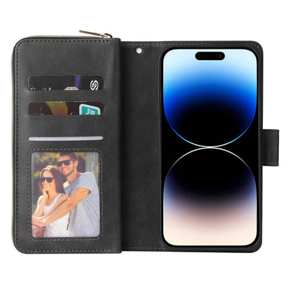 For iPhone 14 Pro Max PU Leather Wallet Phone Case 9 Card Holder Slots Magnetic Closure Zipper Pocket Stand Flip Cover with Strap