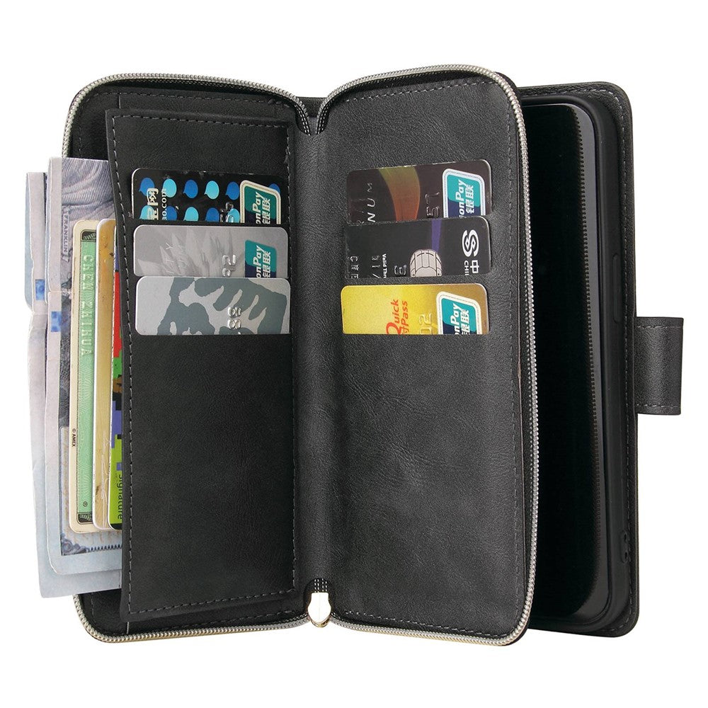 For iPhone 14 Pro Max PU Leather Wallet Phone Case 9 Card Holder Slots Magnetic Closure Zipper Pocket Stand Flip Cover with Strap