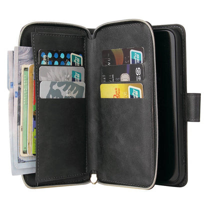 For iPhone 14 Pro Max PU Leather Wallet Phone Case 9 Card Holder Slots Magnetic Closure Zipper Pocket Stand Flip Cover with Strap